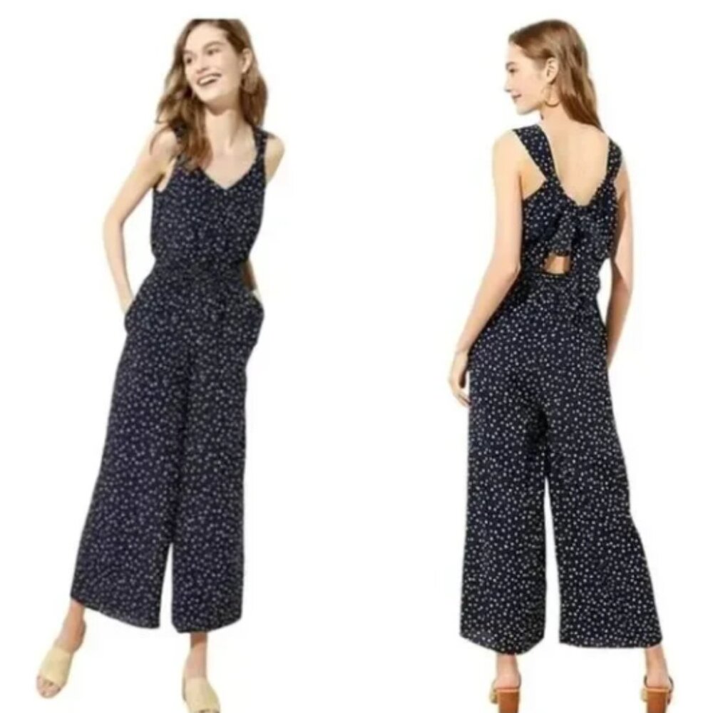NWT Loft Navy Blue Polka Dot Smocked Wide Legs Jumpsuit with Pockets Size 2 - Picture 5 of 15